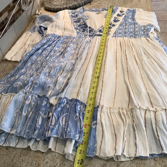 Blue and White Women's Mini Dress Made in India Pullover V-Neck Boho - Picture 8 of 10